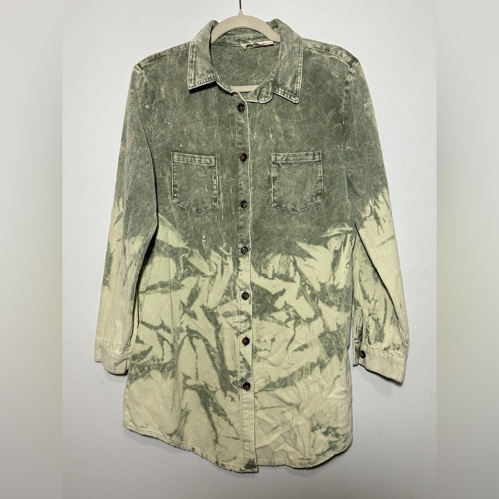 Peach Love California Shacket Corduroy Green Ombre Tie Dye Long Sleeve Small